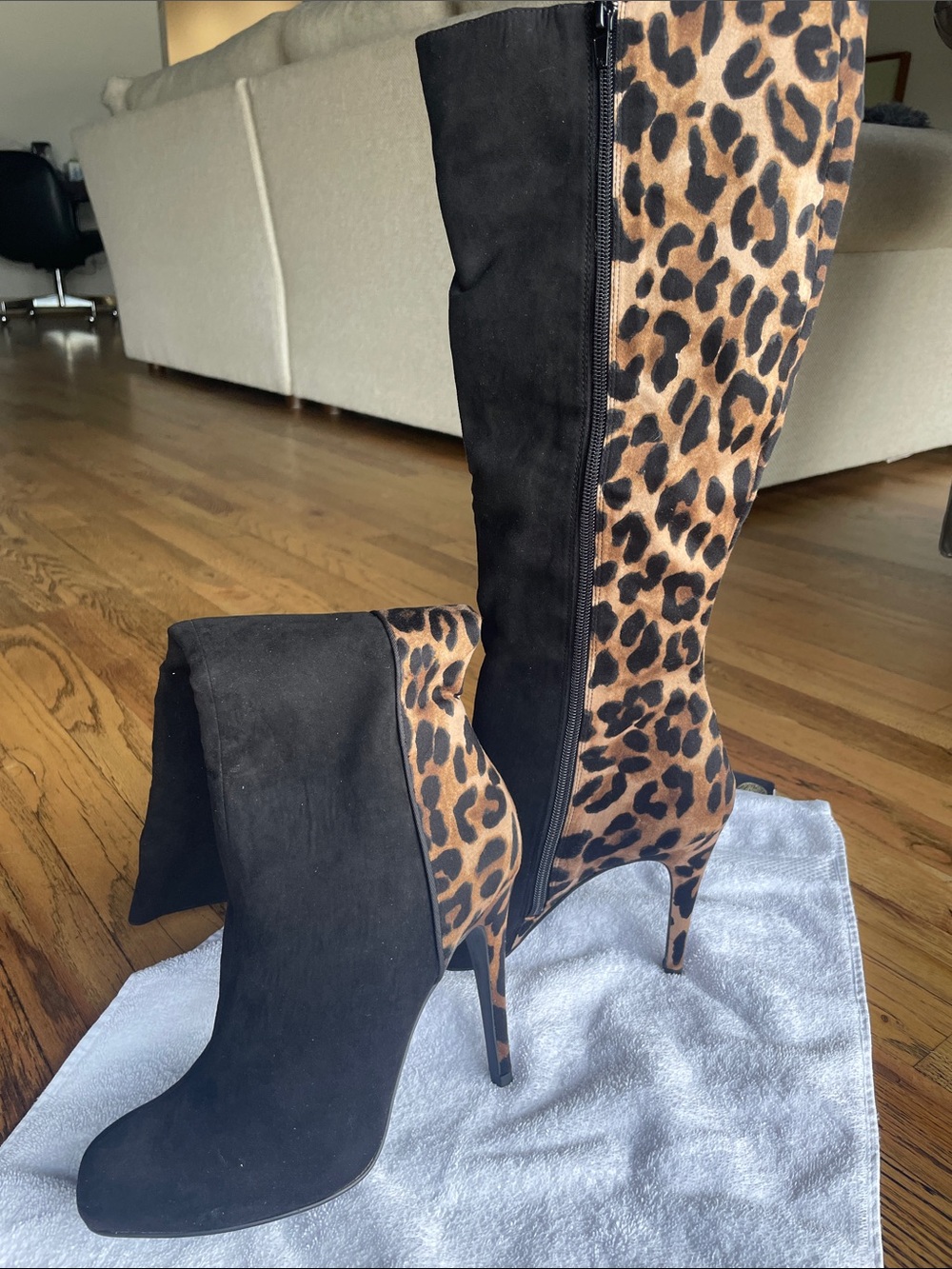 Tall Leopard-Panel Black Suede Stiletto Boots